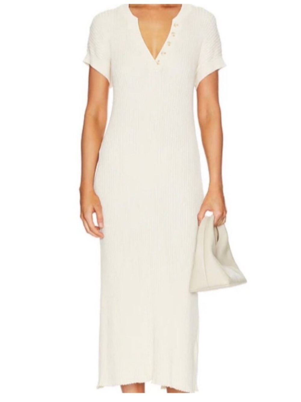 VARLEY Aria Ribbed Knit Midi Dress Cream V Neck Back Slit Size M